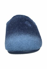Blue wool slippers with gradient texture, featuring a rounded toe and soft, fuzzy fabric. Darker blue at the top fading to lighter blue at the base.