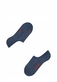 Marineblauwe katoenen sokken met een laag ontwerp. Voorzien van rode tekst die maat en merk aangeeft. Gladde textuur en naadloze randen.