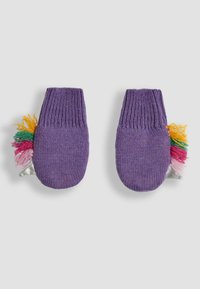 Mănuși tricotate de culoare purpurie, cu mansete ribbrate și ciucuri multicolori care includ accente galbene, roz și verzi pe margini. Detaliu de culoare argintie inclus.