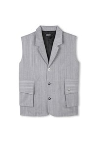 Gilet sans manches gris avec des rayures verticales, revers à cran, trois boutons et deux poches avant. Intérieur doublé avec étiquette DKNY.