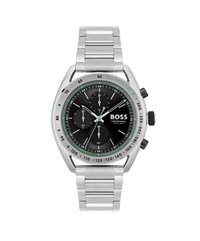Montre chronographe en acier inoxydable argenté avec un cadran noir, un anneau tachymétrique vert, trois sous-cadrans et un bracelet en métal lié.