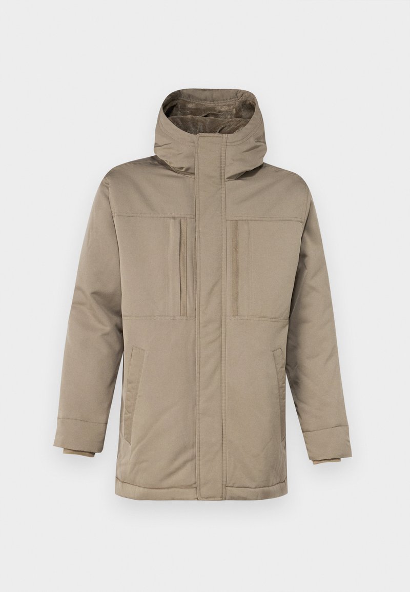 Beżowa kurtka zimowa z wysokim kołnierzem, przednim zapięciem na zamek oraz dwiema kieszeniami na piersi z klapami. Wykonana z gładkiego, trwałego materiału.