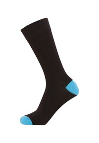 Black sock with blue heel and toe accents. Features a ribbed cuff and a smooth texture, designed for comfort and durability.