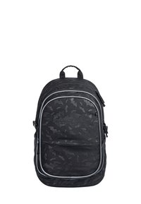 Czarny plecak z wzorem nietoperzy, o gładkiej fakturze, z dwoma zamykanymi na zamek przegrodami i uchwytem u góry do noszenia.