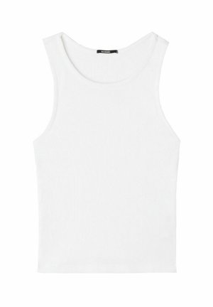 Débardeur blanc sans manches en maille côtelée avec encolure ronde et étiquette de la marque à l'arrière du col intérieur.