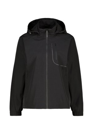 Veste noire à capuche avec fermeture éclair frontale, poignets élastiques et poche poitrine zippée avec détail de bord réfléchissant.