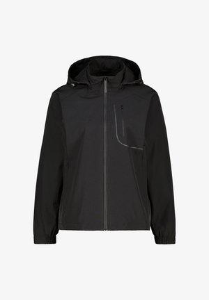 Veste noire à capuche avec fermeture éclair frontale, poignets élastiques et poche poitrine zippée avec détail de bord réfléchissant.