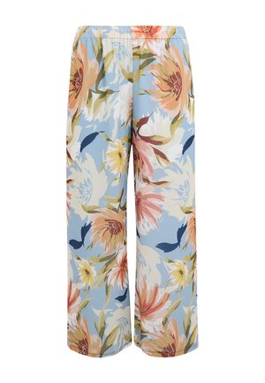 Pantalon ample avec fond bleu pastel et grand imprimé floral en rose, jaune, blanc et vert, doté d'une taille élastique.
