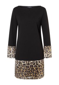 Schwarzes langärmliges Kleid mit rundem Ausschnitt. Verziert mit Leopardenmuster sowie Pailletten an den Ärmeln und dem Saum. Hergestellt aus weichem, elastischem Material.