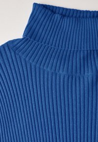 Ribbad blå polotröja med en tjock hög krage och ett strukturerat stickat mönster. Tyget är mjukt och elastiskt.