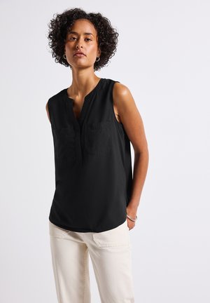 Schwarze ärmellose Bluse mit V-Ausschnitt und zwei vorderen Taschen, aus glattem Stoff mit einer lockeren Passform und ohne sichtbare Muster oder Akzente.