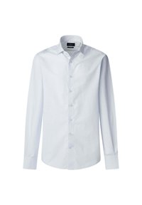 White long-sleeve shirt made of cotton. Features a classic collar, front buttons, and a smooth texture. Fitted design with buttoned cuffs.