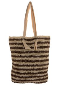 Vävd tote-väska med växlande mörkbruna och ljusbeiga ränder. Har beige tygremmar och knutdetaljer upptill.