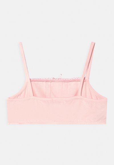 Bralette rosa claro com alças finas ajustáveis, tecido suave, formato retangular e um acabamento rendado ao longo da parte superior. Sem almofadas.