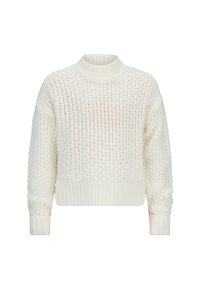 Maglione bianco lavorato a maglia con colletto alto a coste, vestibilità ampia, maniche lunghe e un motivo testurizzato su tutta la superficie. Polsini e orlo a coste.