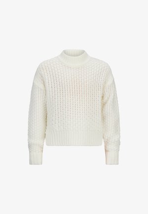 Maglione bianco lavorato a maglia con colletto alto a coste, vestibilità ampia, maniche lunghe e un motivo testurizzato su tutta la superficie. Polsini e orlo a coste.