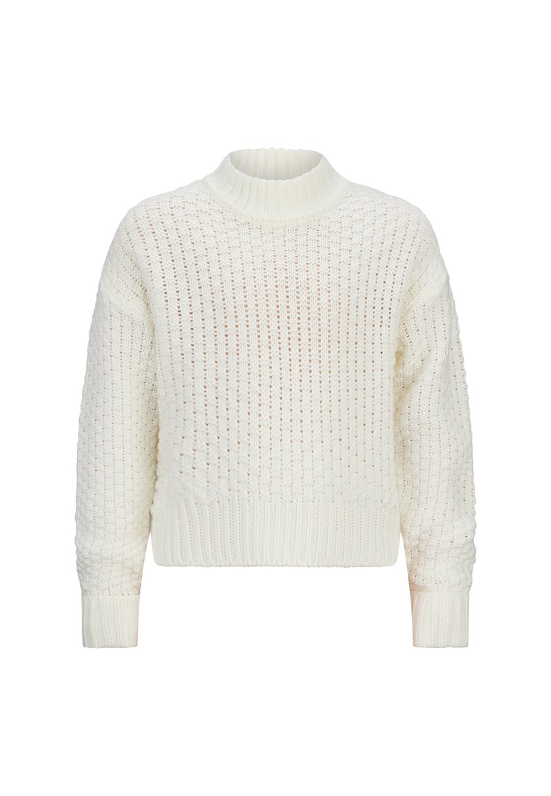 Maglione bianco lavorato a maglia con colletto alto a coste, vestibilità ampia, maniche lunghe e un motivo testurizzato su tutta la superficie. Polsini e orlo a coste.