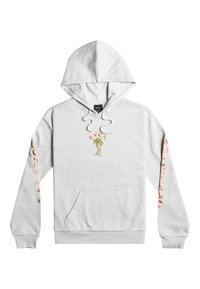 Sudadera de color gris claro con un bolsillo frontal, capucha con cordón y gráfico de palmera. Texto "RVCA" y "BALANCE" en colores contrastantes en las mangas.