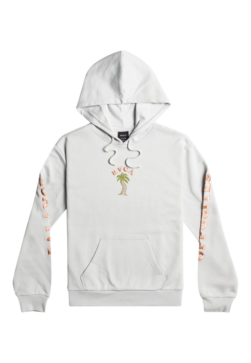 Sudadera de color gris claro con un bolsillo frontal, capucha con cordón y gráfico de palmera. Texto "RVCA" y "BALANCE" en colores contrastantes en las mangas.