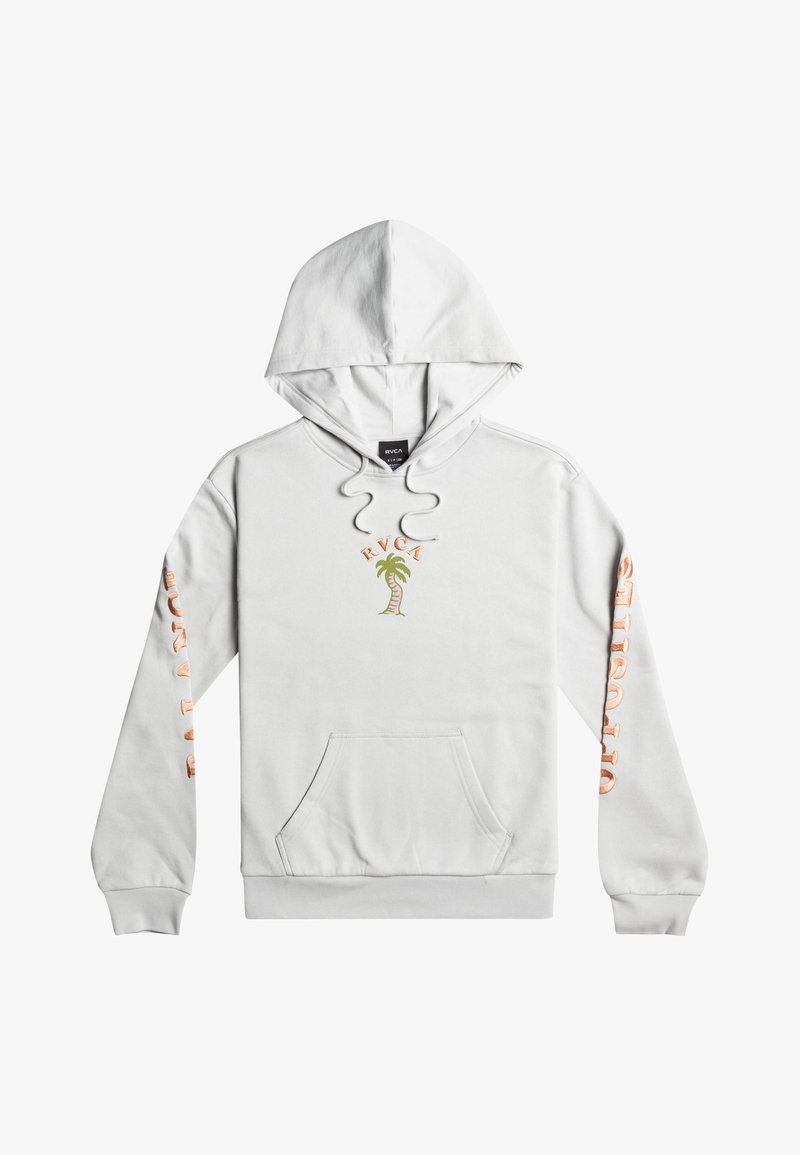 Sudadera de color gris claro con un bolsillo frontal, capucha con cordón y gráfico de palmera. Texto "RVCA" y "BALANCE" en colores contrastantes en las mangas.