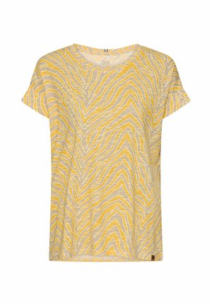 Gul og beige kortærmet T-shirt med abstrakt zebrastribet mønster og rund halsudskæring.