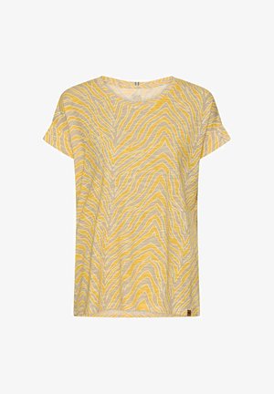 Gelbes und beiges kurzärmeliges T-Shirt mit abstraktem Zebramuster und Rundhalsausschnitt.