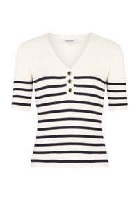 Rebrovaný pletený top v krémové barvě s námořnicky modrými vodorovnými pruhy. Má výstřih do V a tříknoflíkový průstřih vpředu. Krátké rukávy.