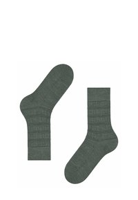 Calzini verde scuro con una texture a coste, caratterizzati da un design a pattern sul bordo e una chiara delineazione per la forma del piede.