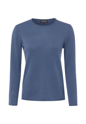 Trui met lange mouwen en ronde hals in effen blauwe gebreide stof, ontworpen voor een slanke pasvorm zonder zichtbare patronen of versieringen.
