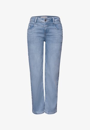 Hellblaue Jeans mit geradem Bein, Frontknopf, Reißverschluss, Gürtelschlaufen und Fünf-Taschen-Design.