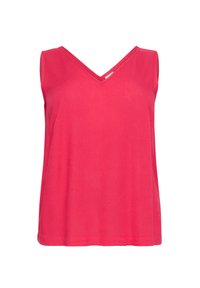 Sleeveless, v-neck pink top made of soft fabric with a relaxed fit. Smooth texture and no visible patterns or hardware accents.