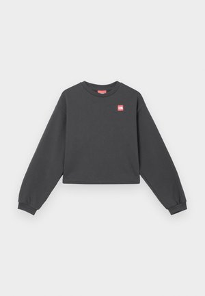 Sweatshirt cropped de manga longa em algodão cinza escuro com gola redonda e um pequeno emblema vermelho no peito. Textura suave.