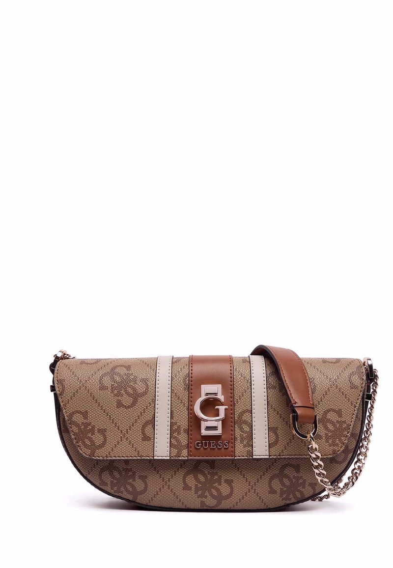 Borsa a tracolla marrone con motivo, dalla forma curva, dotata di una tracolla in pelle marrone, hardware in argento e un logo in rilievo sulla parte anteriore.