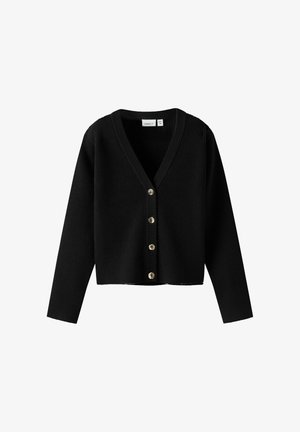 Schwarze gerippte Strickjacke mit V-Ausschnitt, ausgestattet mit fünf goldfarbenen Knöpfen auf der Vorderseite und langen Ärmeln, gefertigt aus einem strukturierten Stoff.