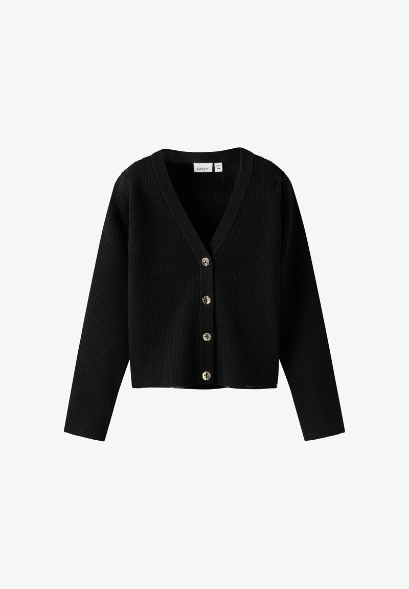 Černý žebrovaný cardigan s výstřihem do V, s pěti knoflíky ve zlatém tónu vpředu a dlouhými rukávy, vyrobený z texturované látky.