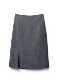Jupe gris foncé, longueur genou, avec une coupe droite, dotée d'une fente latérale pour faciliter le mouvement et d'une finition en tissu texturé.