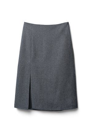 Jupe gris foncé, longueur genou, avec une coupe droite, dotée d'une fente latérale pour faciliter le mouvement et d'une finition en tissu texturé.