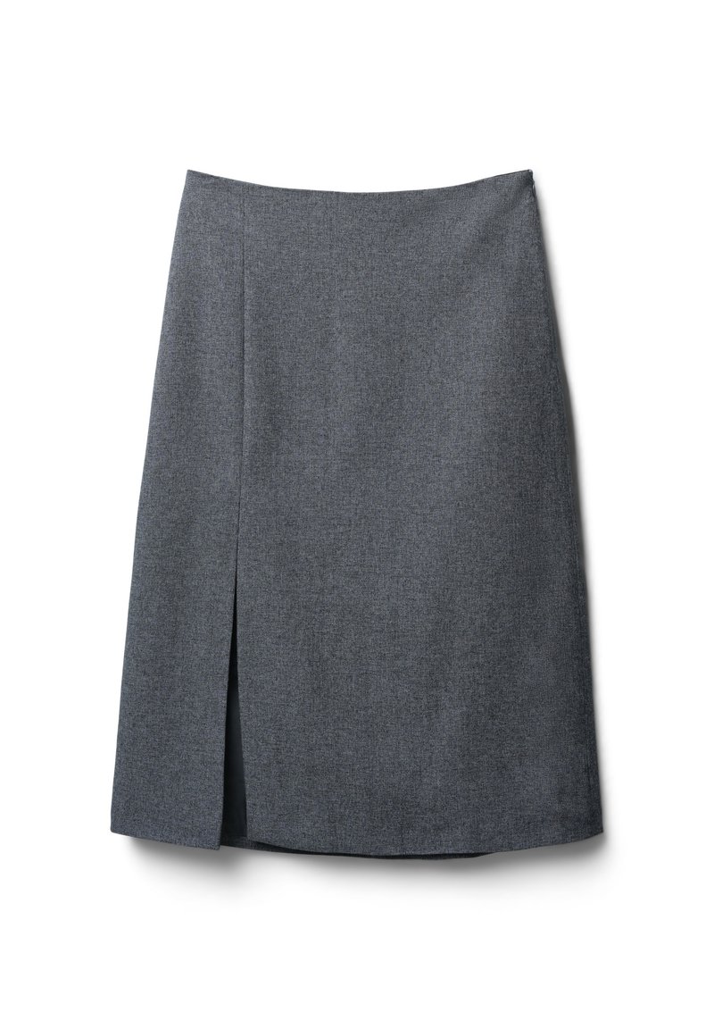 Jupe gris foncé, longueur genou, avec une coupe droite, dotée d'une fente latérale pour faciliter le mouvement et d'une finition en tissu texturé.