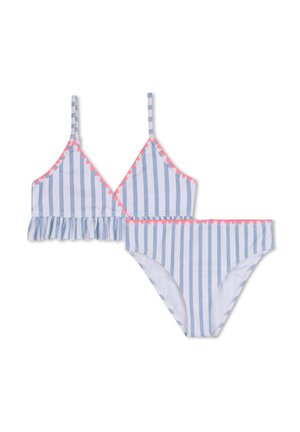 Twee-delig badpak met verticale blauw-witte strepen, roze driehoekige rand, gerimpelde bovenrand en dunne schouderbandjes.
