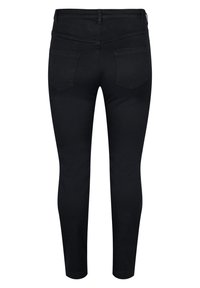 Black denim skinny jeans feature a high waist, back pockets, and a smooth texture. The design is simple, with no visible embellishments.