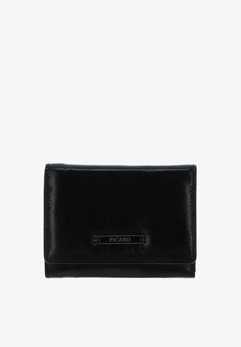 Portefeuille en cuir noir avec une texture lisse, présentant une plaque de logo en métal et un design plié. Forme compacte avec des bords cousus.