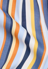 Textile with horizontal stripes in blue, navy, orange, white, and yellow. Soft texture with a smooth finish, featuring varying stripe widths.