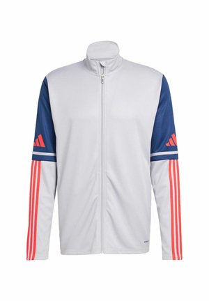 White zip-up jacket, featuring navy blue sleeves with red accents, including three red stripes on each arm and an Adidas logo on the shoulder.