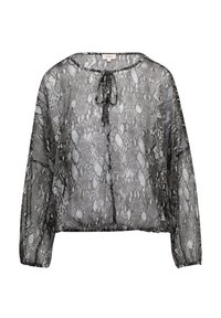 Blouse noire et grise transparente avec un motif serpent, col rond et détail à nouer. Coupe ample avec des manches longues et un tissu texturé.