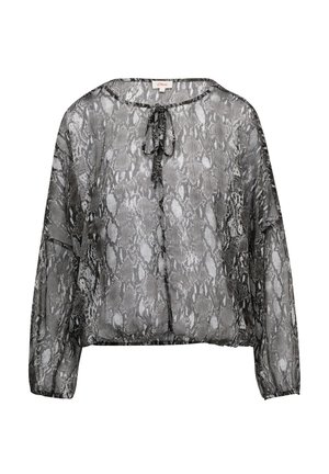 Transparente schwarze und graue Bluse mit einem Schlangendruckmuster, runder Halslinie und einer Bindeschließe. Lockere Passform mit langen Ärmeln und strukturiertem Stoff.