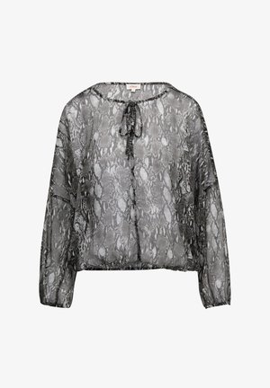 Transparente schwarze und graue Bluse mit einem Schlangendruckmuster, runder Halslinie und einer Bindeschließe. Lockere Passform mit langen Ärmeln und strukturiertem Stoff.