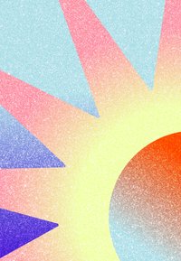 Színes absztrakt design, amely egy nagy napot ábrázol, narancssárga, átmenetes középponttal, körülötte háromszög alakú sugarak terjednek pink, kék és lila színekben.