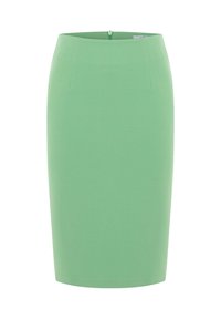 Grön pennkjol i texturerad tyg, med en figurnära design och bakdragkedja. Medellång utan synliga mönster eller accenter.