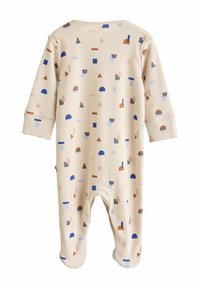 Beige babysuit med multicolor geometriske former i blå, brun og grå. Lange ærmer med manchetter, blød bomuldsstof.