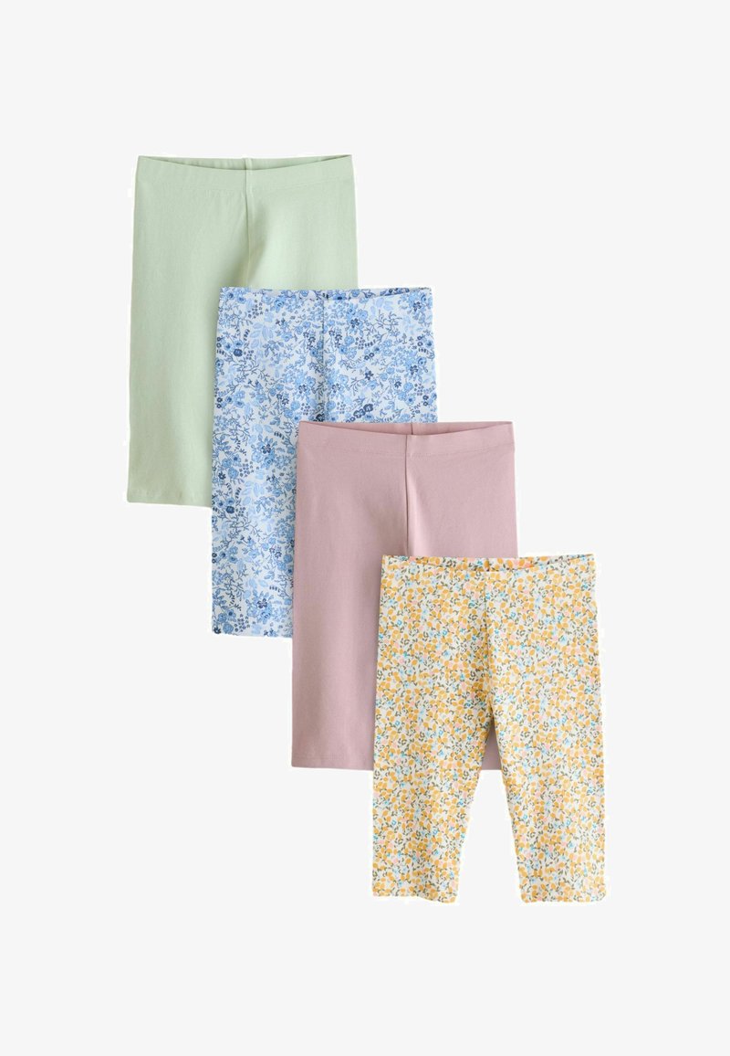 Vier paar kinderkorte broeken in pastelgroen, blauw met bloemenpatroon, roze en geel met bloemenpatroon, verticaal gerangschikt.
